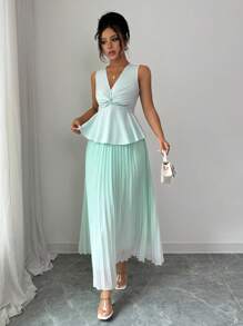 Breezaya 2pcs/Set Elegant Solid Color Twist Front Tank Top And Pleated Skirt, Summer - Mint Green - View 3