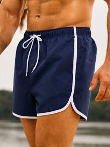 Manfinity Swimmode 男士休闲撞色饰边抽绳腰沙滩短裤，适合夏季、度假 - 藏蓝色 - 查看 7