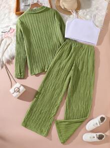 Teen Girls' Summer Casual Solid Color Textured Shirt And Pants Set - Olive Green - View 2