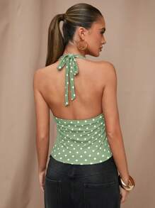 SHEIN BAE 夏季黑色波点印花休闲露背衬衫，适合早午餐、郊游、约会、通勤、休闲、伊比沙岛 - 薄荷綠 - 查看 2