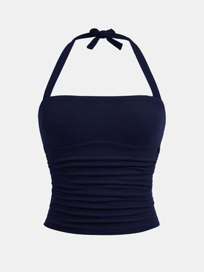 SHEIN Girlism Tonårsflickors vår- och sommartopp för street, matchande, vardaglig, mångsidig, avslappnad semester för tonåringar, halterneck, rynkad, elastisk rosett, smal passform, croppad topp