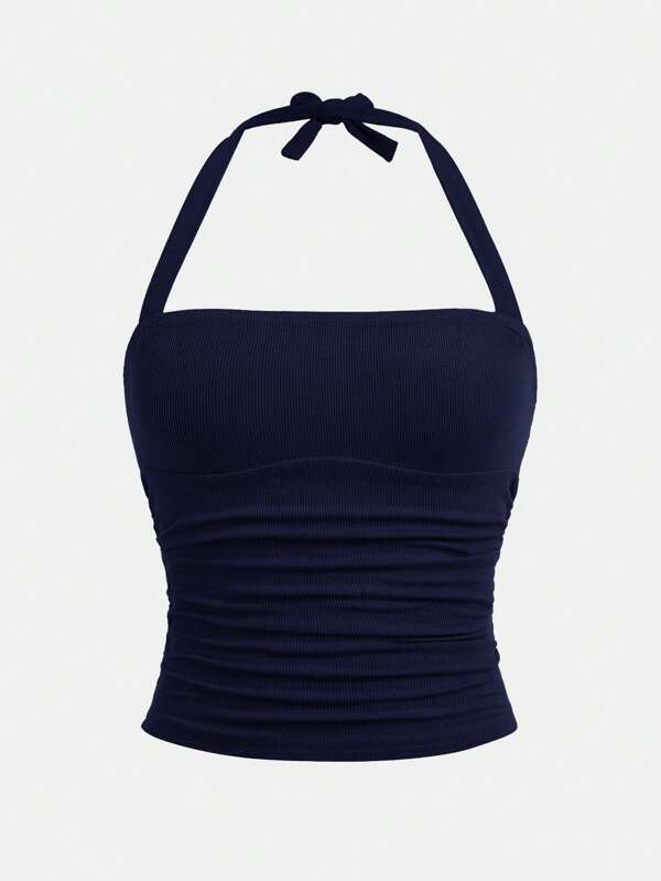 SHEIN Girlism Parte superior recortada con elástico, lazada, fruncidos y corte halter, versátil, a juego con todo, para el día a día y las vacaciones casuales, apropiado para adolescentes en primavera y verano