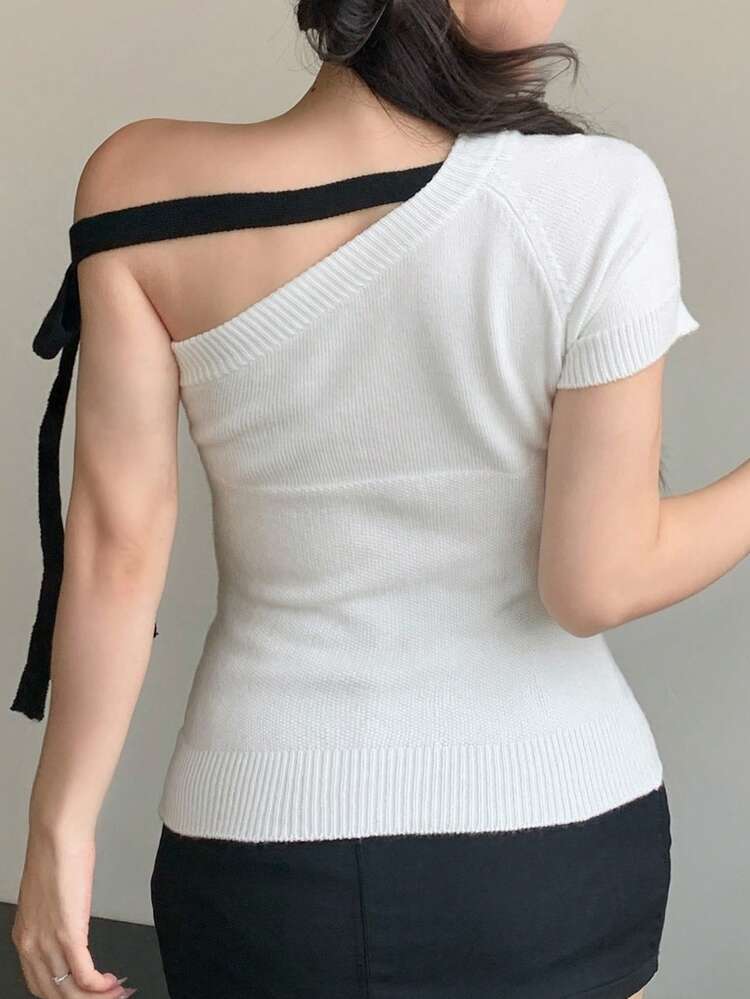 Women's Elegant Contrast Color Patchwork Tie Neck Short Sleeve Pullover Sweater, Suitable For Autumn, Spring And Summer