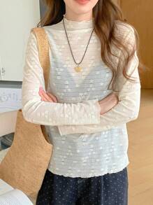 DAZY 女式半高领花卉装饰透明长袖休闲衬衫 - 米色 - 查看 4