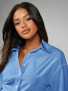 MISSGUIDED Kemeja Dress Berkancing Depan dengan Manset Lebar Klasik Bisnis Profesional Lengan Panjang Berkerah Kerja Kantor Formal Minimalis Wajib Dimiliki - Biru - View 4