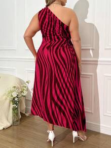 SHEIN Unity 大码不对称肩条纹印花褶皱连衣裙 - 彩色 - 查看 2