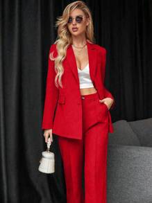 Chiquease Solid Single Button Blazer & Suit Pants For New Year Clothes Fall Cloth For Women - Red - View 3