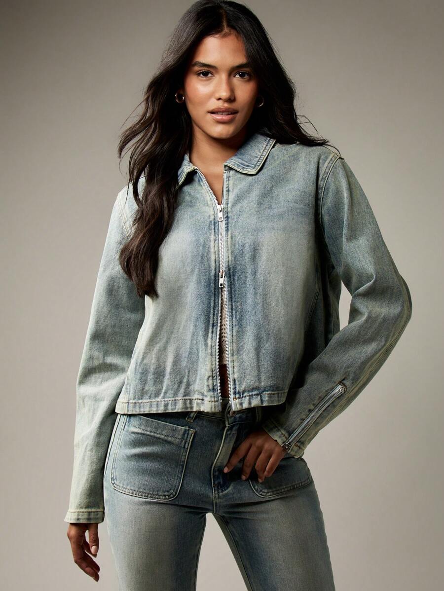 MISSGUIDED Style vintage Veste en jean trucker Zip avant rétro Distressed Vêtement décontracté classique pour tous les jours Automne Printemps Extérieur Design occidental Mode - Jean clair - Voir 1