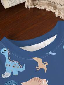 SHEIN 3 件套婴幼儿男童休闲卡通恐龙印花短袖 T 恤和短裤套装，适合日常穿着，夏季