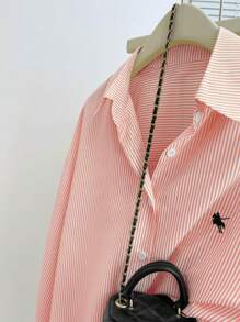 Plus Size Women's Knight Printed Striped Long Sleeve Single-Breasted Shirt Fall Cloth For Women - Coral Pink - View 4