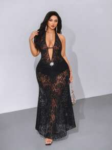 Viva Relle Vestido negro de verano para mujer de talla grande, de estilo elegante, con escote en V profundo, corte halter, lazo y encaje transparente, ideal para vacaciones, reuniones y fiestas - Negro - Ver 3