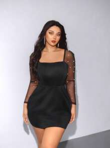 Viva Relle Plus Size Women's Square Neck Long Sleeve Mesh Pearl Sheer Vintage Elegant Casual Vacation Party Wedding Short Dress - Black - View 5