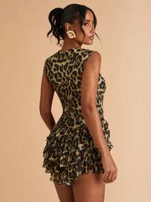 SHEIN BAE 女式豹纹层叠荷叶边下摆无袖迷你连体裤，女式西部装，女式沙滩装，女式度假装，女式性感夜店装 - 卡其色 - 查看 2