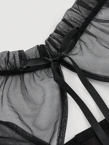 SHEIN 青少年女孩撞色网眼喇叭袖蝴蝶结纯黑色高领长袖后背蝴蝶结 A 字裙，适合日常穿着、休闲场合、优雅派对、生日派对、圣诞派对 - 黑色 - 查看 4