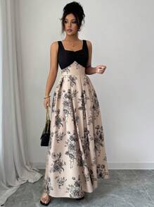 Elenzga Váy họa tiết hoa và khối màu tương phản thanh lịch mùa hè - Nhiều màu - Xem 4