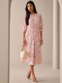 Lilora Women All-Over Print Tie-Knot Midi Dress, Elegant Summer Urban Style Pink Midi Round Neck Dress Romantic And Elegant Urban Leisure, Romantic And Elegant, Going Out - Baby Pink - View 7