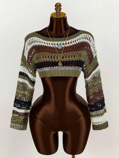 Amplova Gestreifter Crop Pullover mit Dropped Shoulder, Langarm Oberteil