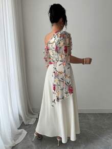 Elenzga Elegant French Style Asymmetric Neckline Mesh Embroidered Flared Hem Maxi Dress For Women, Versatile For Daily Wear, Spring/Summer Wedding Bride - Apricot - View 2