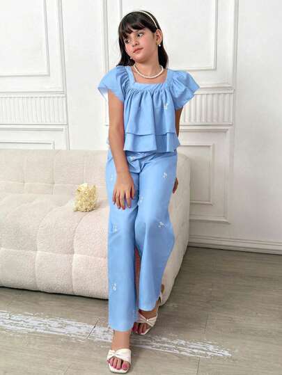 2件套青少年女孩休闲可爱刺绣荷叶边袖T恤和裤子套装，夏季