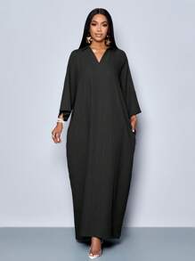 SOLERSUN Women's Fashionable V Neck Loose Batwing Sleeve Without Belt Dress For Holiday Maxi Women Outfit - Black - View 3