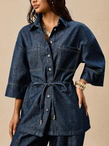 Easelle Denim Regular Jacket Long Waisted Jacket Spring And Autumn, Back To School, Vintage, Fall Women Clothes, Streetwear - Dark Wash - View 4