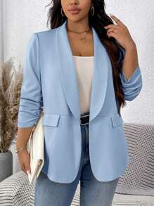 SHEIN LUNE 大码女式纯色披肩领休闲褶皱袖西装外套女式西装外套女式西装外套蓝色西装外套浅蓝色西装外套女士办公室服装蓝色西装外套女士西装外套办公室，秋季女士服装 - 淺藍色 - 查看 5