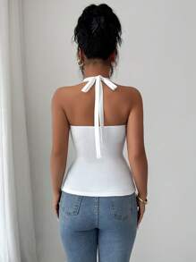 Elenzga Top sin mangas con cuello de halter y parches de encaje blanco para mujer - Blanco - Ver 2