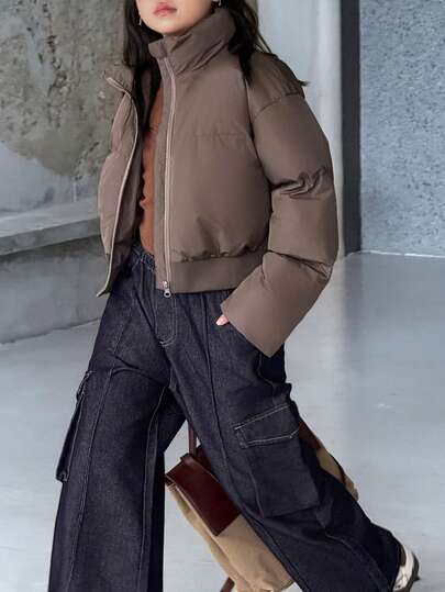 DAZY Tween 女童休闲连帽宽松纯色短款冬季棉服外套