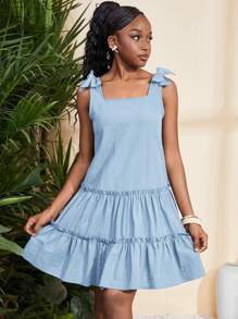 SHEIN Leap Crew Vestido casual holgado con línea A, manga de volantes y decoración de lazo para adolescentes, para primavera/verano - Celeste - Ver 3