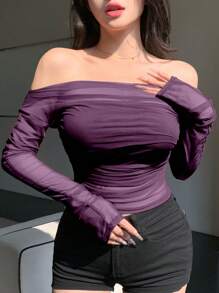 DAZY 女士弹力网纱透视紫色露肩上衣，春夏款，返校季长袖女式上衣，外出上衣 - 紫色 - 查看 5