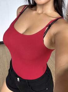 DAZY 加大码女式纯色弹力裹身勃艮第酒红色紧身衣，性感 - 紅色 - 查看 3