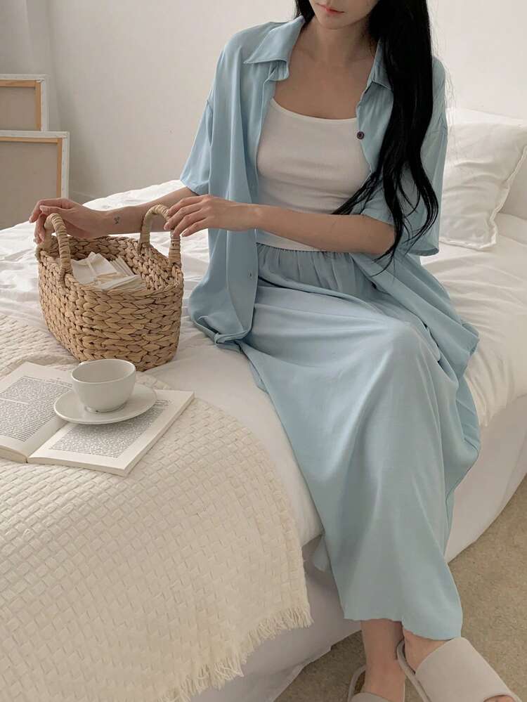3pcs/Set Women Casual Camisole Top, Shirt And Mini Skirt Combination Loungewear Set Pajama