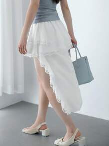 SHEIN Unity Falda asimétrica blanca de mujer con diseño frontal y trasero, falda de moda de encaje y parches de verano, falda elegante - Blanco - Ver 3