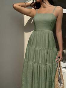 SHEIN Unity Váy không tay vải kết cấu đào nhạt có đường viền eo và dây đeo mảnh, rộng rãi và thon gọn, phong cách kỳ nghỉ - Màu xanh Ô liu - Xem 4