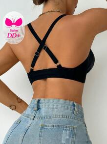 Swim DD+ 女士夏季海滩纯色性感 DD+ 无钢圈比基尼上衣 - 黑色 - 查看 2