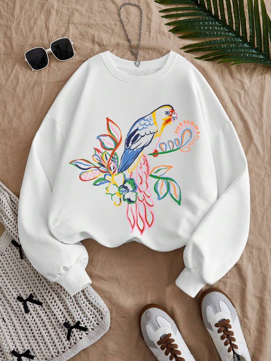 Travachic Summer Simple Tropical Colorful Birds Print Pattern Round Neck Long Sleeve Graphic Sweatshirt,Fall Women Clothes, - White - View 1