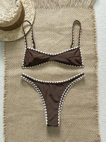 Swim Vcay Women Summer Solid Crochet Scallop Trim Micro Bikini Vacation Bikini Set - Coffee Brown - View 3