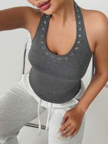 DAZY Top de tirantes con escote halter con decoración de remaches para mujer, ideal para verano y uso al aire libre - Gris - Ver 5