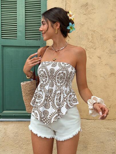 Serisse Women's Summer Holiday Full Print Halter Asymmetrical Hem Top Brown Vacation Resort