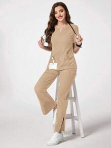 TaskEZ Solid Color Notched Neck Short Sleeve Top And Pocket Shorts Scrub Uniform Set - Khaki - View 4