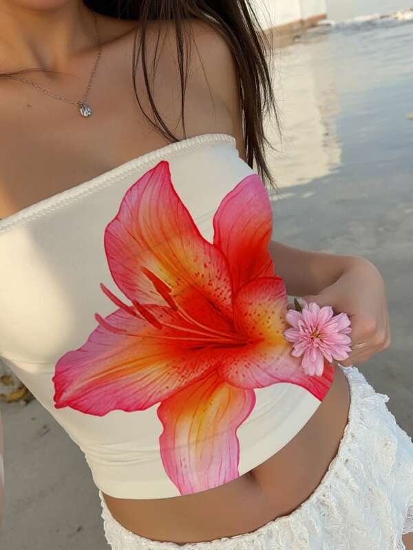 Aloruh Women's Lily Floral Print Bandeau Tight Cropped Top, Suitable For Casual, Holiday, Beach, Music Festival In Summer
