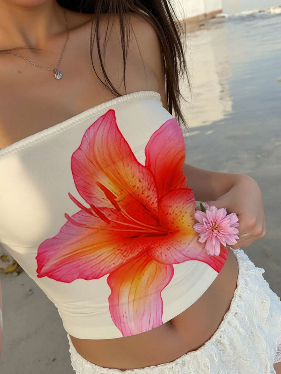 Aloruh 女士休闲粉色百合印花抹胸上衣，适合夏季、海滩、音乐节等场合，休闲舒适，是度假、春季海滩上衣的理想之选。 - 彩色 - 查看 1