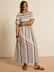 Freevana Plus Size Women Boho Striped & Printed Round Neck Short Sleeve Casual Dress With Side Slit Hem For Summer,Beach Dress Sundress,Holiday Outfits - Grey - View 3