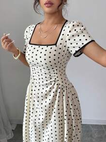 Rafferiza 春夏常规女式方领短袖拼布腰部褶饰全裙黑色和杏色波尔卡圆点印花长裙，法式休闲优雅学院度假家庭聚会毕业派对音乐节 - 黑與白 - 查看 6