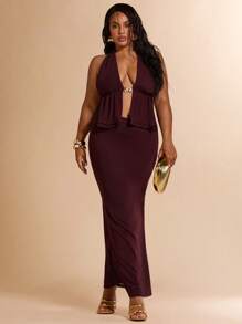 SHEIN BAE Plus Size Women Spring/Summer Vacation Outfit, 2 Pieces Set, Metal Decor Top,4th Of July Curve,Beach Outfit For Women,Airport Outfit Women,Festival Outfits Women,Graduation ,Women Summer Clothes,Going Out Tops Women,Rave Outfits,Club Outfits Women Sexy,Birthday Outfits For Women,Western Wear Women,Wedding Guest Dress Women,Holiday Outfits,Summer Outfits For Women,Vacation Set,Skirt - Brown - View 4