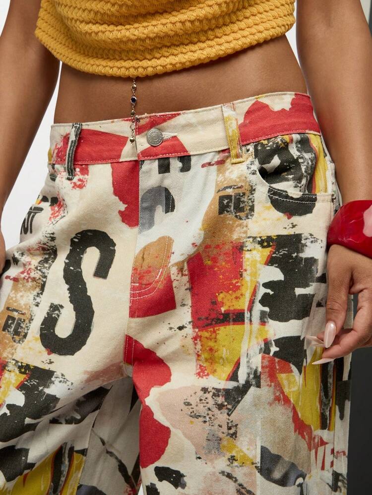 SUMWON WOMEN Artistic Print Wide Leg Baggy High Waisted Distressed Graffiti Jeans