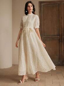 Anewsta Elegant Round Neck Decorative Button Waist Tie Short Sleeve Flared Hem Dress - Apricot - View 3