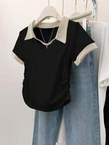 SHEIN 女式夏季短袖撞色Polo领修身T恤 - 黑色 - 查看 1
