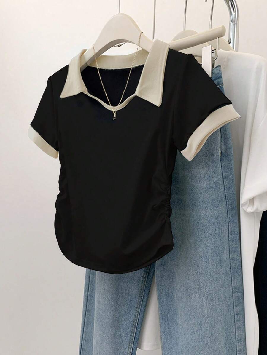 SHEIN 女式夏季短袖撞色Polo领修身T恤 - 黑色 - 查看 1