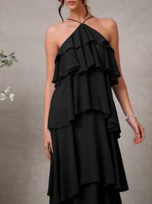 L'Amorae 优雅浪漫婚礼宾客纯色露背分层雪纺长裙